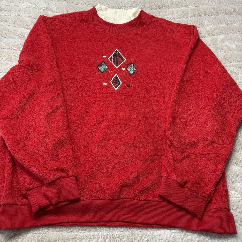 Vintage Tan‎ Jay Red Crewneck Embroidered  Pullover Plaid Accents Women's Large